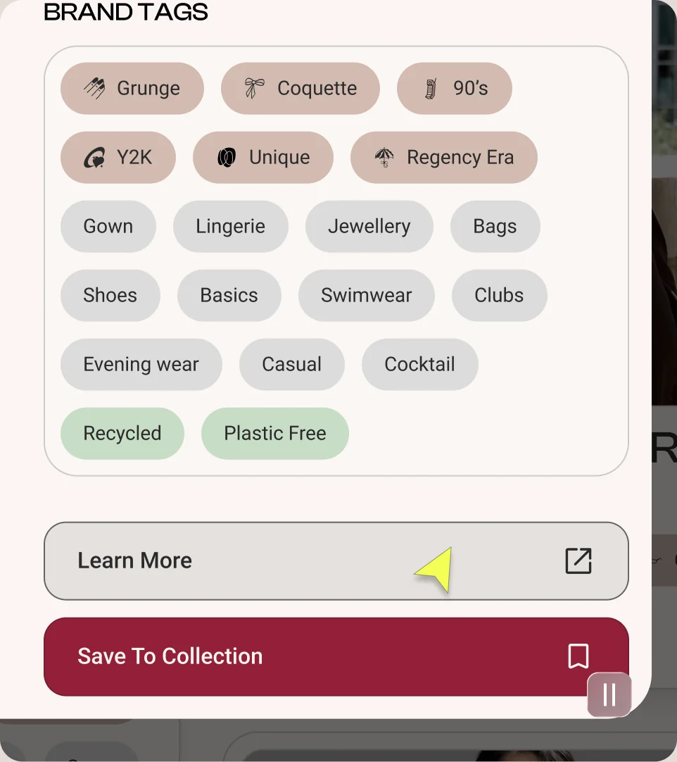 BRNDD brand discovery interface showing tag filters and collection features