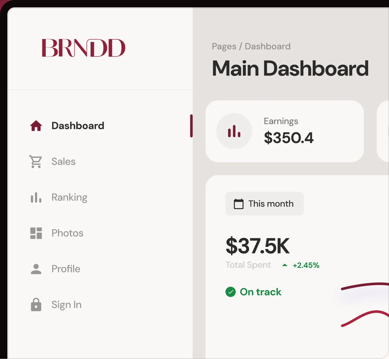 BRNDD brand analytics dashboard showing earnings, traffic, and trends
